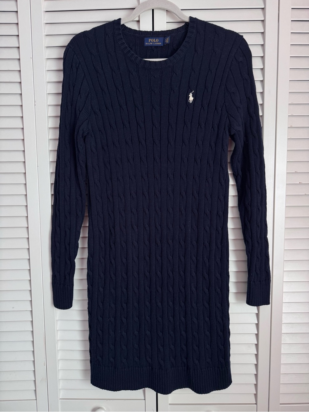 Polo Ralph Lauren Cable Knit Crewneck Sweater Dress Navy Small Preppy Pony Logo